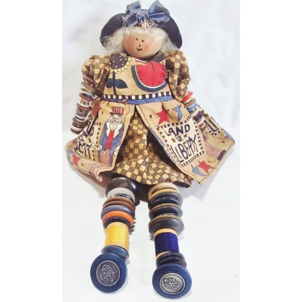 Vtg Handmade Patriotic Americana Land Of Liberty Folk Art Button Doll 10" Shelf